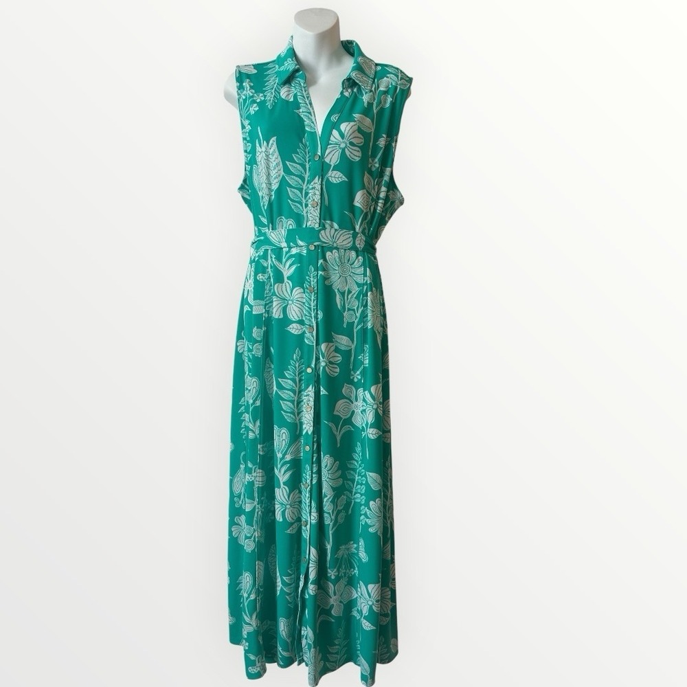Talbots XL Green White Floral Slinky Knit Maxi Dress Hawaiian Teal Summer Long‎